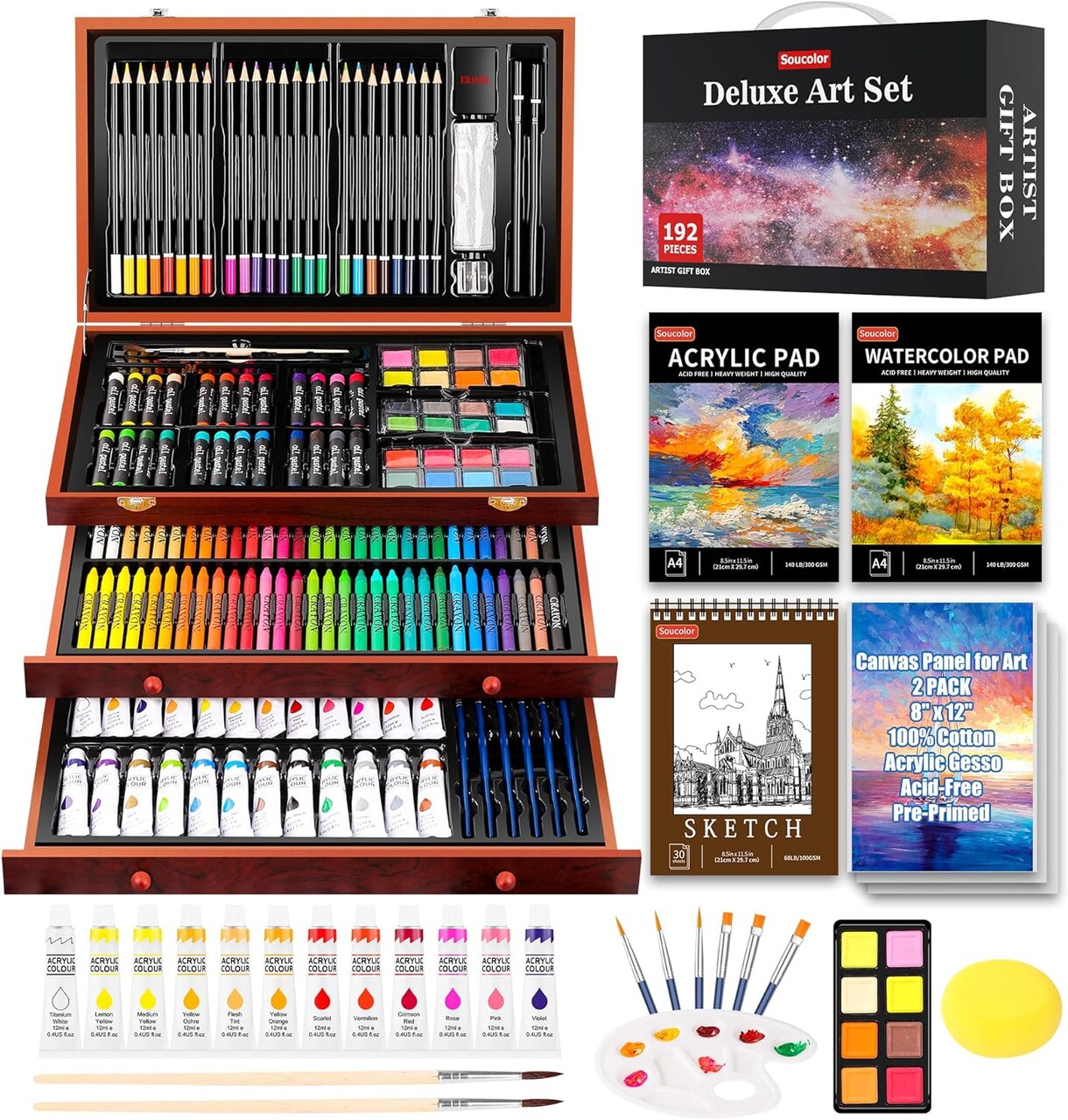 192-Piece Deluxe Art Set – Complete Drawing & Painting Supplies Kit with Canvases, Acrylics, Watercolors, Sketch Pads, Crayons, Pencils & Brushes – Gifts for Artists, Teens & Kids (Brown)